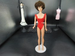 1960s Vintage 1960s Dark Brunette Bubble Barbie Doll, Red Swimsuit, Mules
